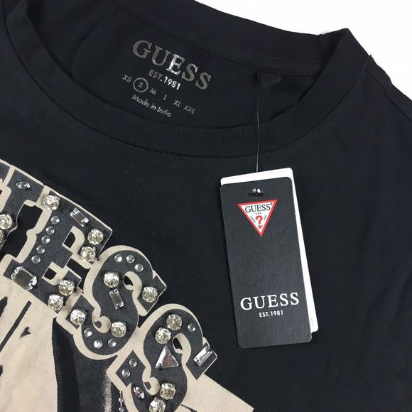 Guess Women's Short Sleeve Eco 1981 Western Girl Tee Rhinestone Black Small NWT - Picture 7 of 12